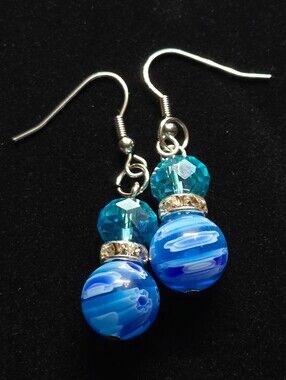 Artisan Blue Lampwork Glass Dangle Earrings Aqua Crystal Rhinestone Rondelles